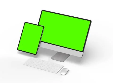 Render of a desktop PC and tablet with a green screen on a light background Stock Illustration