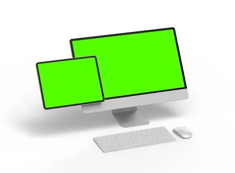 Render of a desktop PC and tablet with a green screen on a light background Stock Illustration