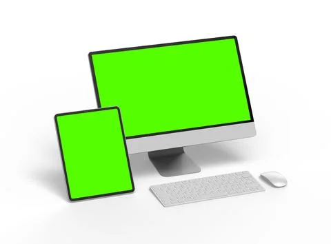 Render of a desktop PC and tablet with a green screen on a light background Stock Illustration