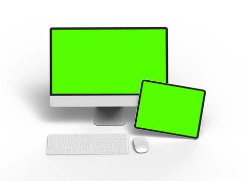 Render of a desktop PC and tablet with a green screen on a light background Illustrazione stock