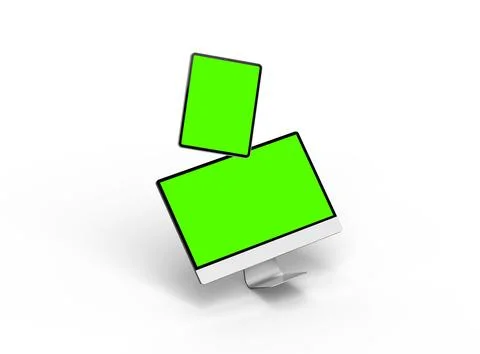Render of a desktop PC and tablet with a green screen on a light background Stock Illustration