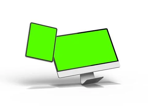 Render of a desktop PC and tablet with a green screen on a light background Stock Illustration
