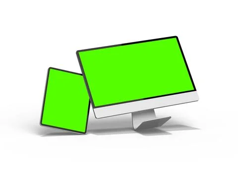 Render of a desktop PC and tablet with a green screen on a light background Illustrazione stock