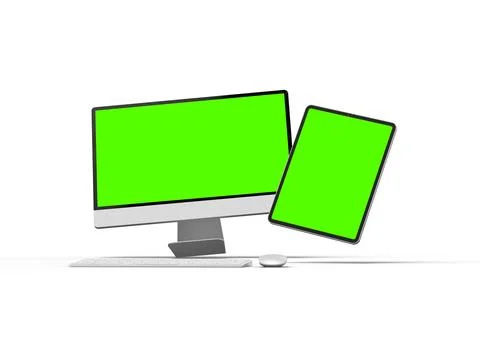 Render of a desktop PC and tablet with a green screen on a light background Stock Illustration