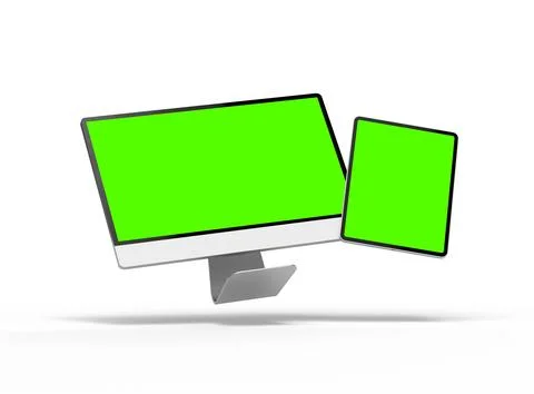 Render of a desktop PC and tablet with a green screen on a light background Stock Illustration