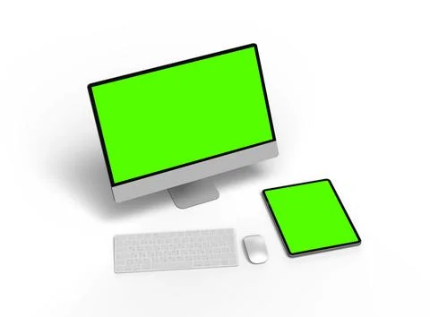 Render of a desktop PC and tablet with a green screen on a light background Stock Illustration