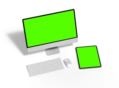 Render of a desktop PC and tablet with a green screen on a light background Illustrazione stock