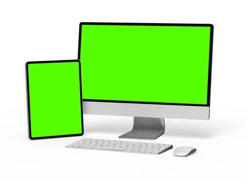 Render of a desktop PC and tablet with a green screen on a light background Stock Illustration