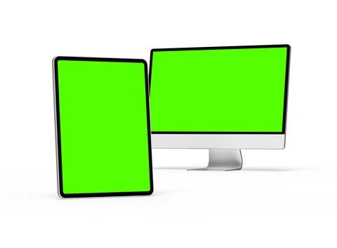 Render of a desktop PC and tablet with a green screen on a light background Stock Illustration
