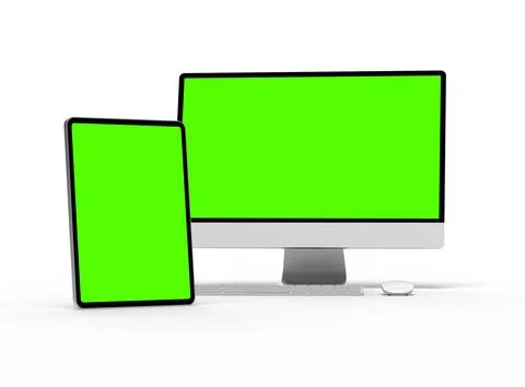 Render of a desktop PC and tablet with a green screen on a light background Stock Illustration
