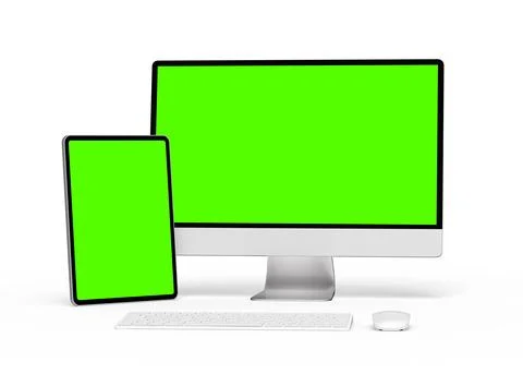 Render of a desktop PC and tablet with a green screen on a light background Stock Illustration