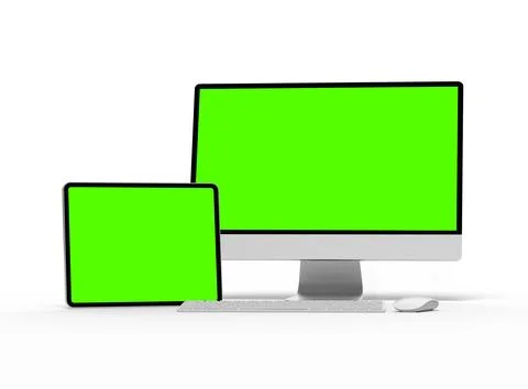 Render of a desktop PC and tablet with a green screen on a light background Stock Illustration