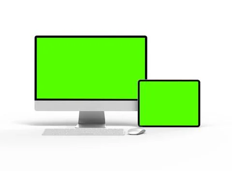 Render of a desktop PC and tablet with a green screen on a light background Stock Illustration