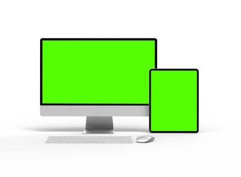 Render of a desktop PC and tablet with a green screen on a light background Stock Illustration