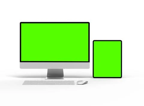 Render of a desktop PC and tablet with a green screen on a light background Stock Illustration