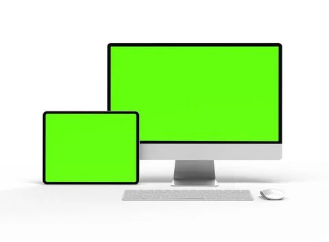 Render of a desktop PC and tablet with a green screen on a light background Stock Illustration