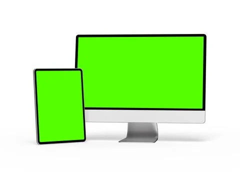 Render of a desktop PC and tablet with a green screen on a light background Stock Illustration