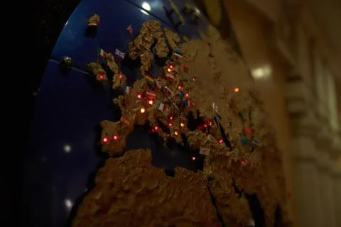 Render of Europe map with countries flags and point lights 库存照片