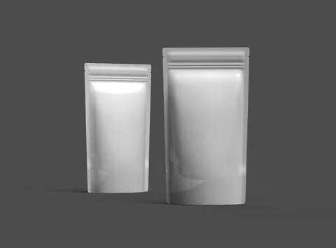 Render of a glossy narrow doypack packaging with a zipper on a dark background Stock Illustration