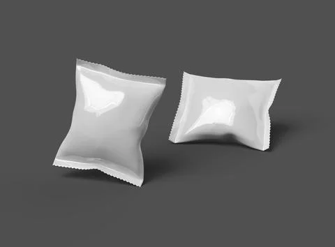 Render of a glossy snack packaging bag with crimped edges on a dark background Stock Illustration