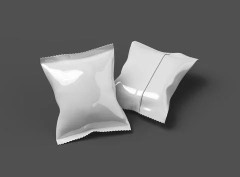 Render of a glossy snack packaging bag with crimped edges on a dark background Stock Illustration