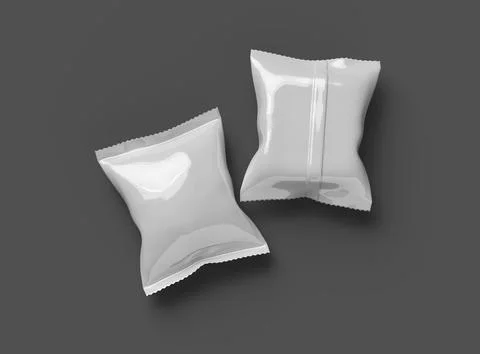 Render of a glossy snack packaging bag with crimped edges on a dark background Stock Illustration