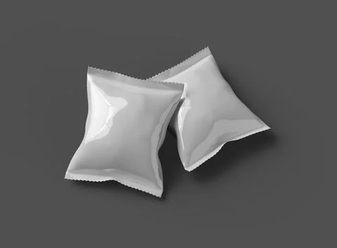 Render of a glossy snack packaging bag with crimped edges on a dark background Stock Illustration