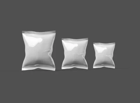 Render of a glossy snack packaging bag with crimped edges on a dark background Stock Illustration