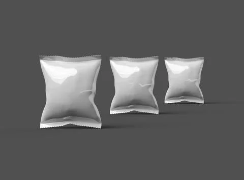 Render of a glossy snack packaging bag with crimped edges on a dark background Stock Illustration
