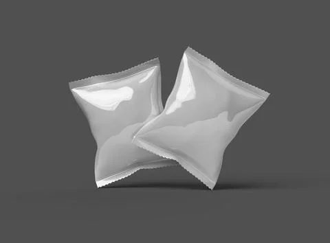 Render of a glossy snack packaging bag with crimped edges on a dark background Stock Illustration