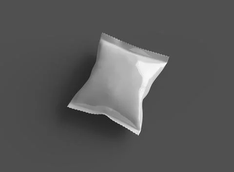 Render of a glossy snack packaging bag with crimped edges on a dark background Stock Illustration