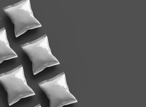 Render of a glossy snack packaging bag with crimped edges on a dark background Illustrazione stock