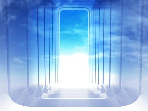 Render illustration stair steps down in corner bended frame in sky scene rend Illustrazione stock