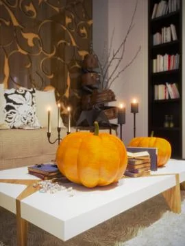Render of interior design living room decorated for Halloween Stock-Illustration