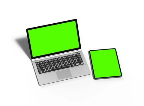 Render of laptop and tablet with green screen on a light background Stock Illustration