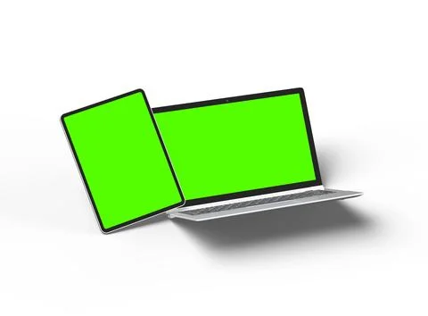 Render of laptop and tablet with green screen on a light background Stock Illustration