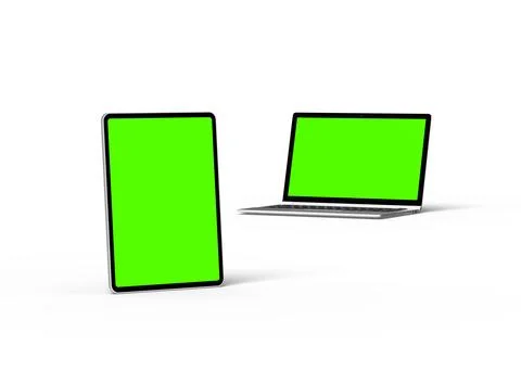 Render of laptop and tablet with green screen on a light background Stock Illustration