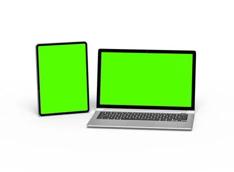 Render of laptop and tablet with green screen on a light background Stock Illustration