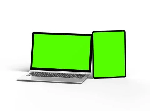 Render of laptop and tablet with green screen on a light background Stock Illustration
