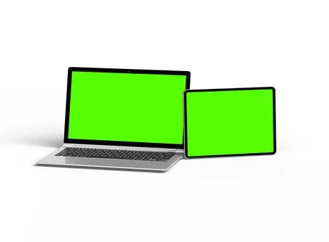 Render of laptop and tablet with green screen on a light background Stock Illustration