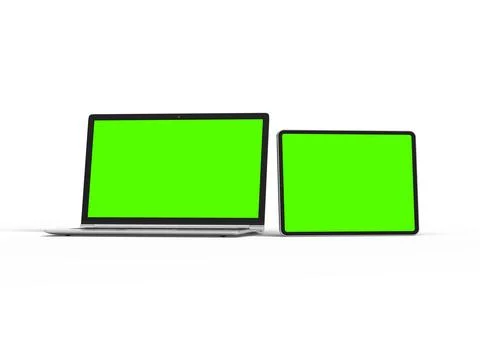 Render of laptop and tablet with green screen on a light background Stock Illustration
