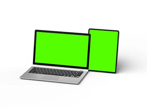 Render of laptop and tablet with green screen on a light background Stock Illustration