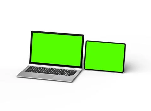 Render of laptop and tablet with green screen on a light background Illustrazione stock