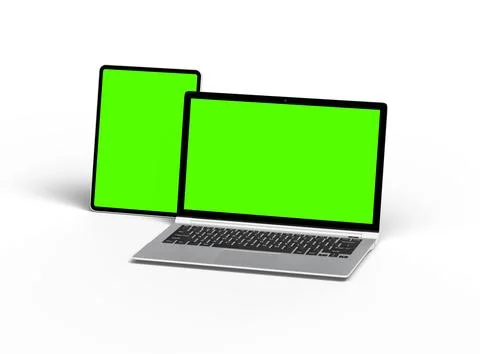 Render of laptop and tablet with green screen on a light background Stock Illustration