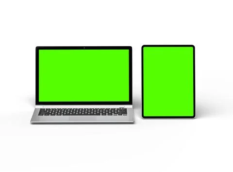 Render of laptop and tablet with green screen on a light background Stock Illustration