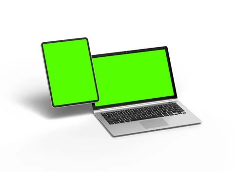 Render of laptop and tablet with green screen on a light background Stock Illustration