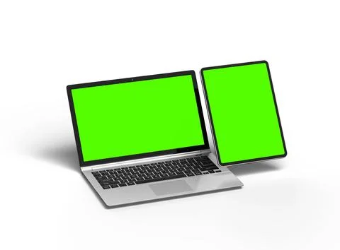 Render of laptop and tablet with green screen on a light background Stock Illustration
