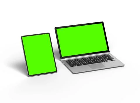 Render of laptop and tablet with green screen on a light background Stock Illustration