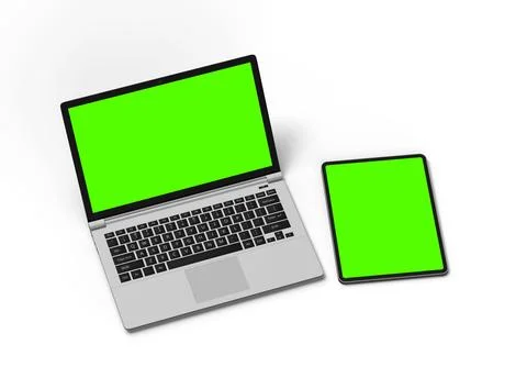 Render of laptop and tablet with green screen on a light background Stock Illustration