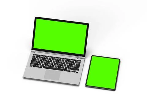 Render of laptop and tablet with green screen on a light background Stock Illustration